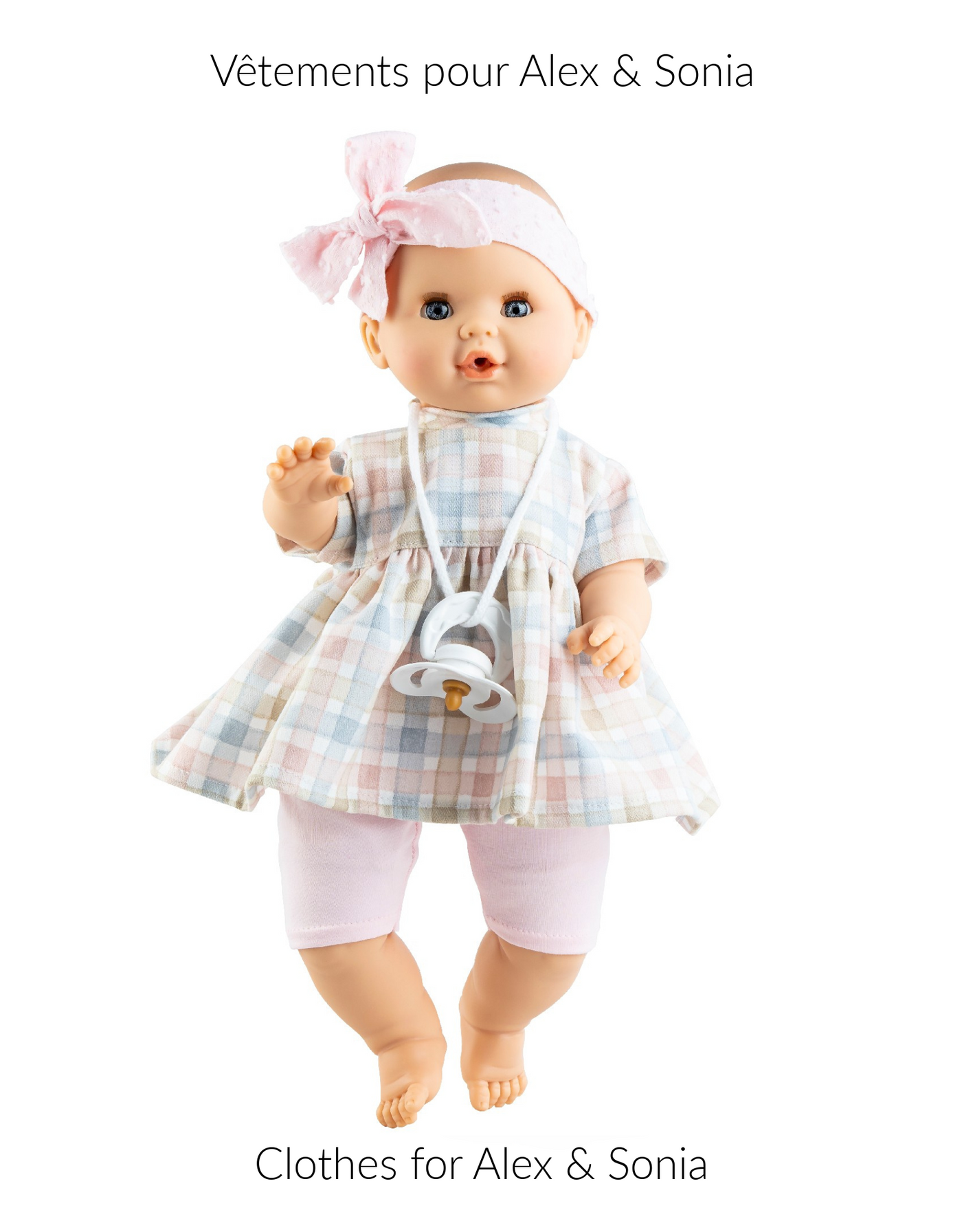 Alex & Sonia Doll Clothing - Pastel check dress, shorts and pink headband  - Paola Reina