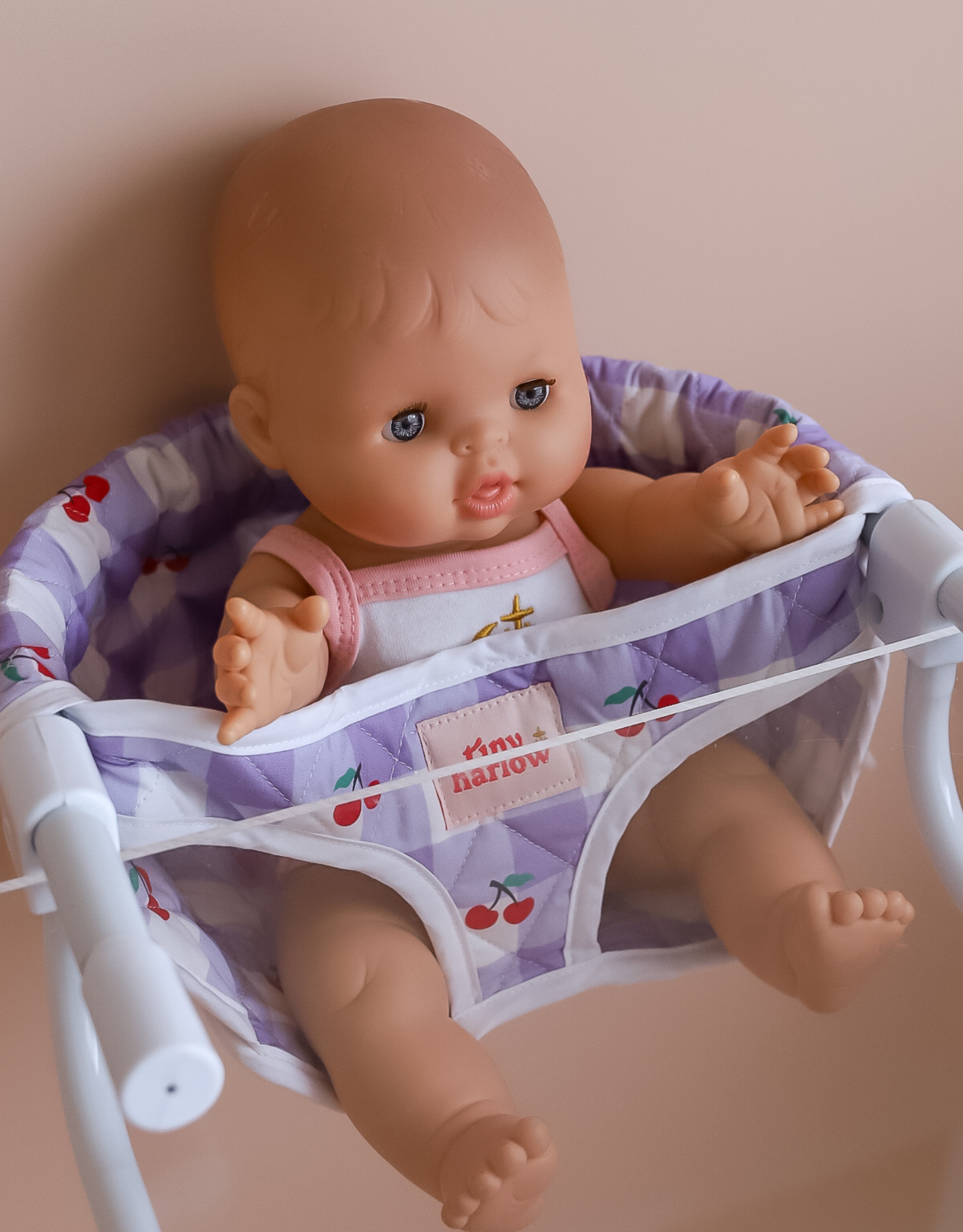 High table chair for dolls - Gingham lilac and cherry - Tiny Harlow